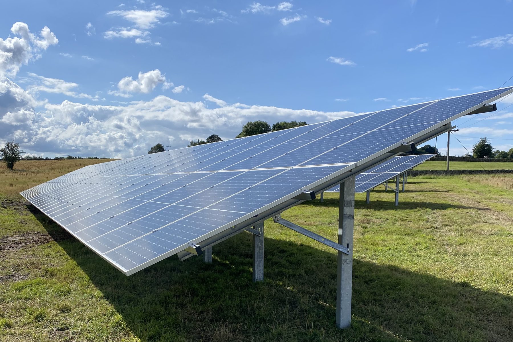 Rows of ground-mounted solar panels in a field under a blue sky
